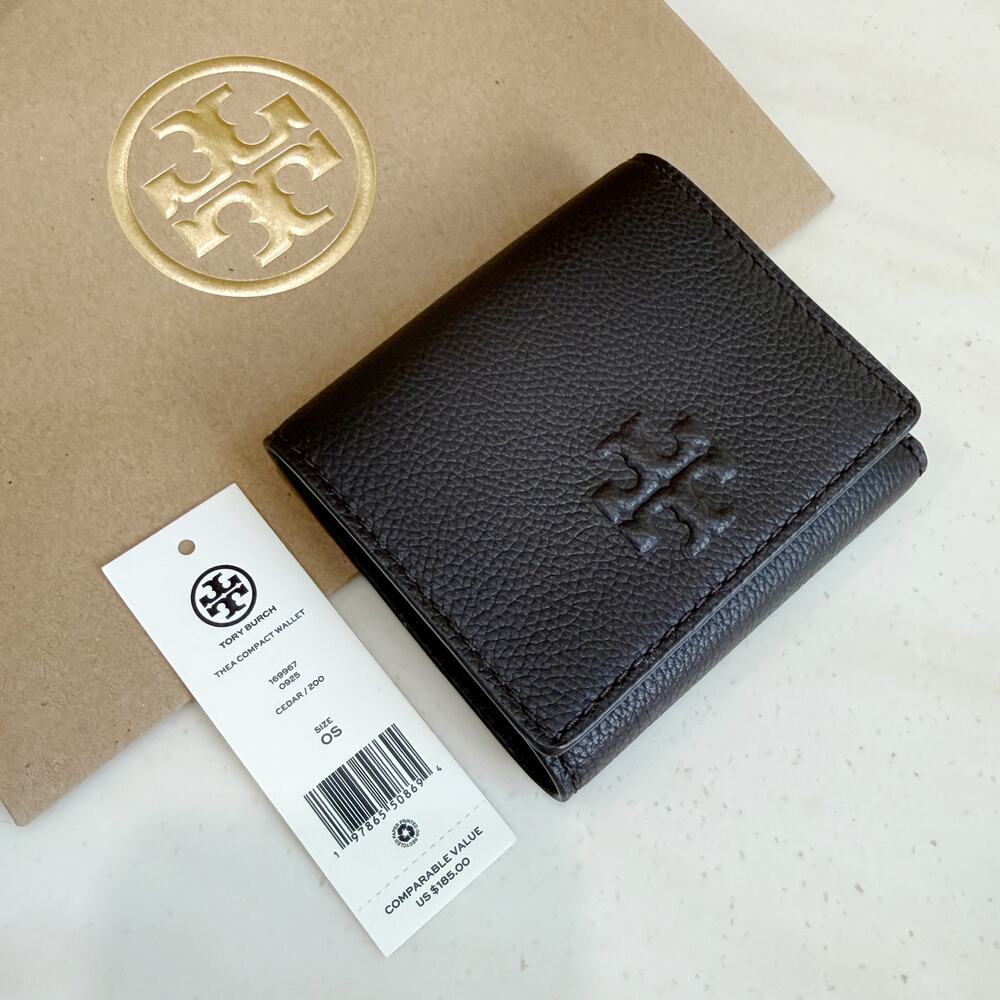 New‼️Tory Burch Thea Compact Wallet Pebbled Leather 169967 Cedar$185